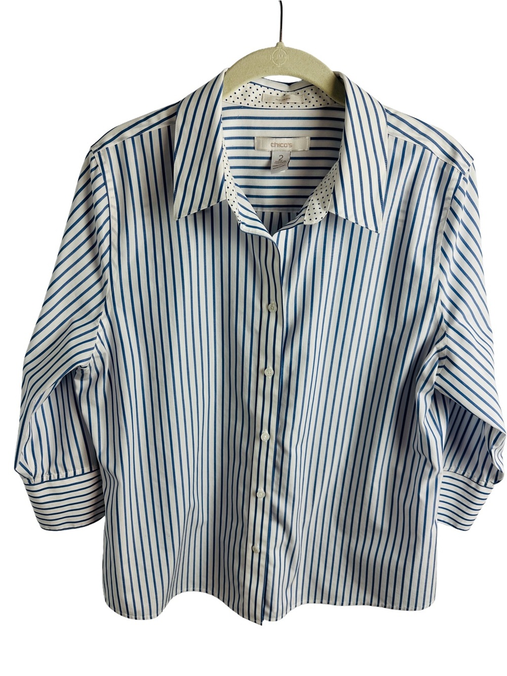 Chico's No Iron Blue & White Stripe Blouse w contrasting 3/4 sleeve cuffs L